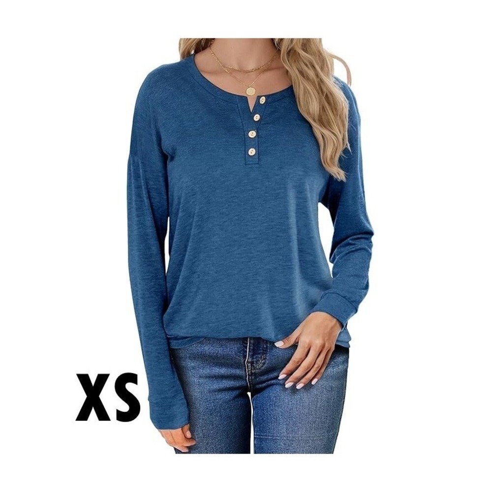 Topstype Women's Long Sleeve Henley Top with Buttons Down Casual Loose NEW XS